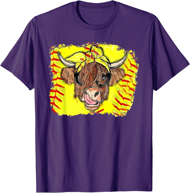 Softball Highland Cow With Bandana Glasses Happy Mother's T-Shirt - Purple