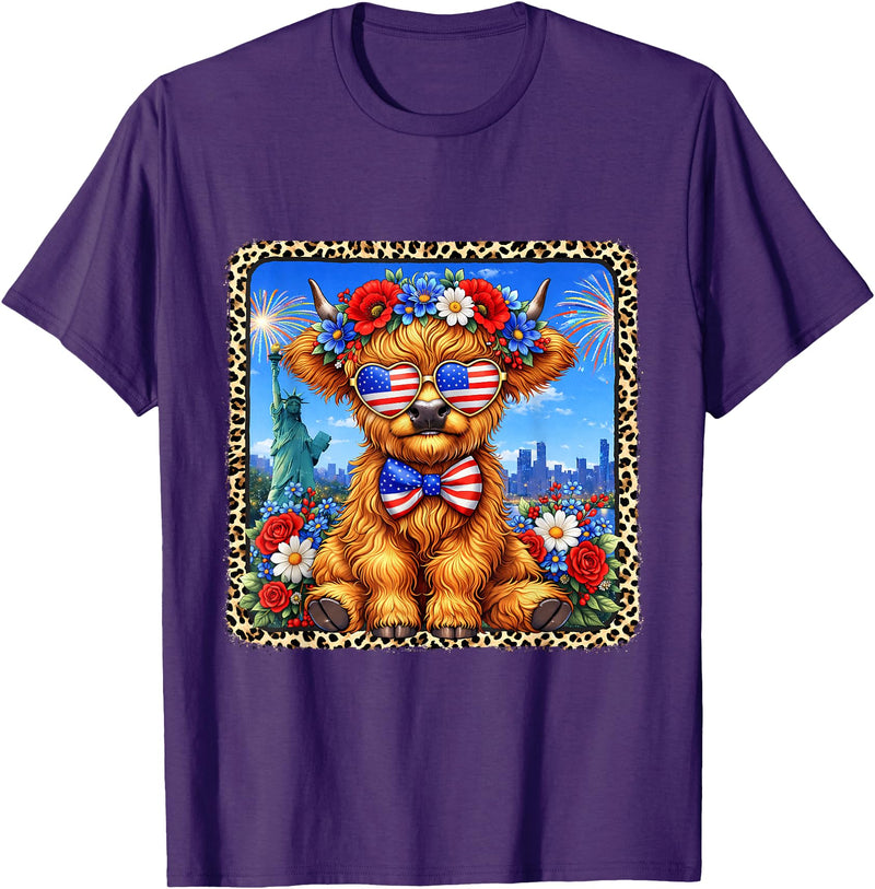 4th of July Apparel 4th of July Cow Patriotic Heart Glasses USA Floral Leopard T-Shirt - Purple