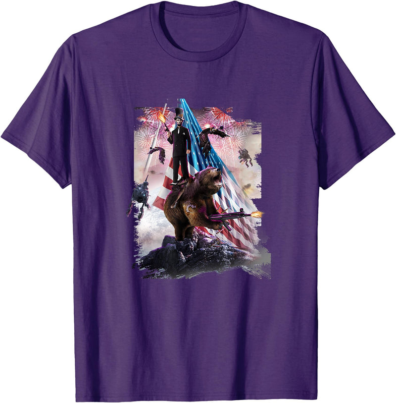 Random Galaxy Abe Lincoln Riding Bear American Patriotic Funny T-Shirt - Purple
