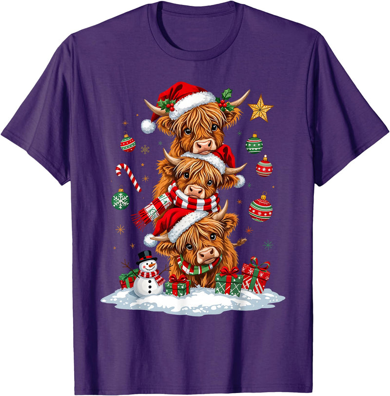Highland Cow Christmas Winter Tree Farm Women Girl Funny Xmas Merry Moo Cows Highland Cow Christmas Snowman T-Shirt - Purple
