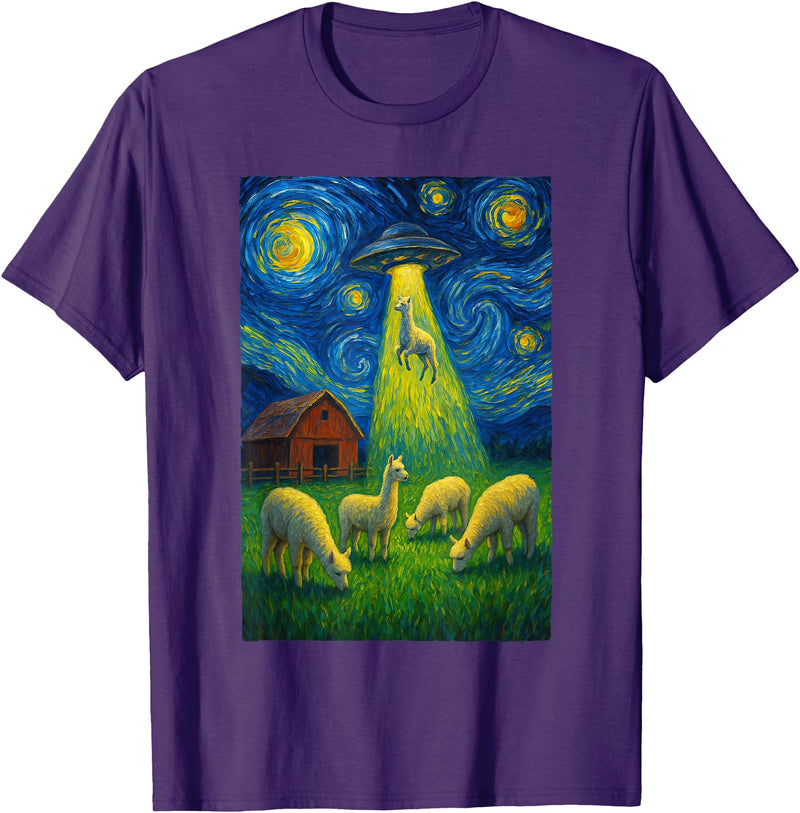 Farming UFO Llama Starry Night Painting Design Llama Alien UFO Abduction Starry Night Farmers T-Shirt - Purple
