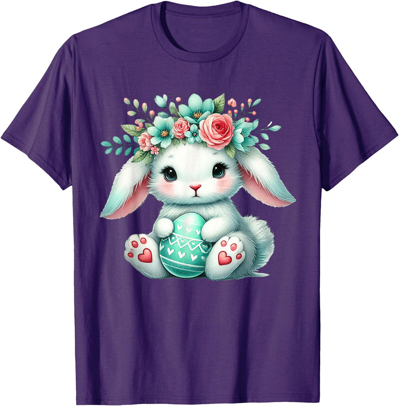 Easter Bunny with Flower Crown Girls Women Floral Cute T-Shirt in Purple
