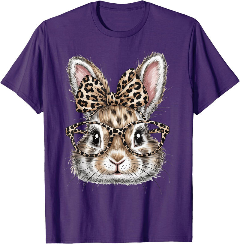 Bunny Face Glasses Bandana Leopard Rabbit Happy Easter T-Shirt in Purple