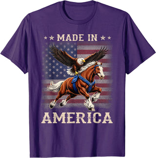 Made In America Patriotic Tees Made in America Western Horse Eagle USA Flag T-Shirt - Purple