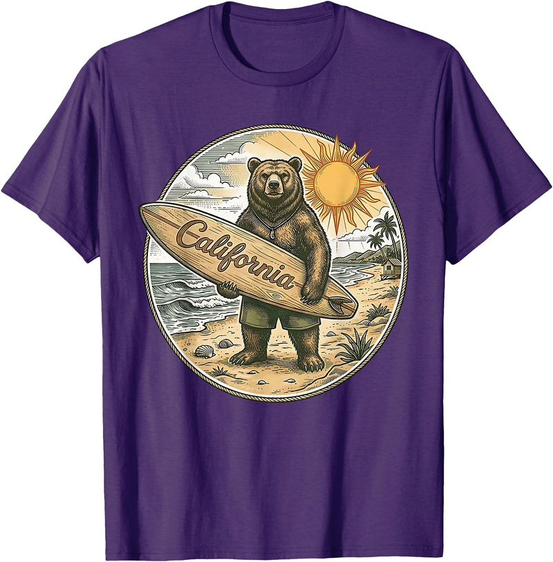 Retro Coastal Surf Bear Vintage Beach Apparel Vintage California Surf Bear Beach Retro Coastal Summer T-Shirt - Purple