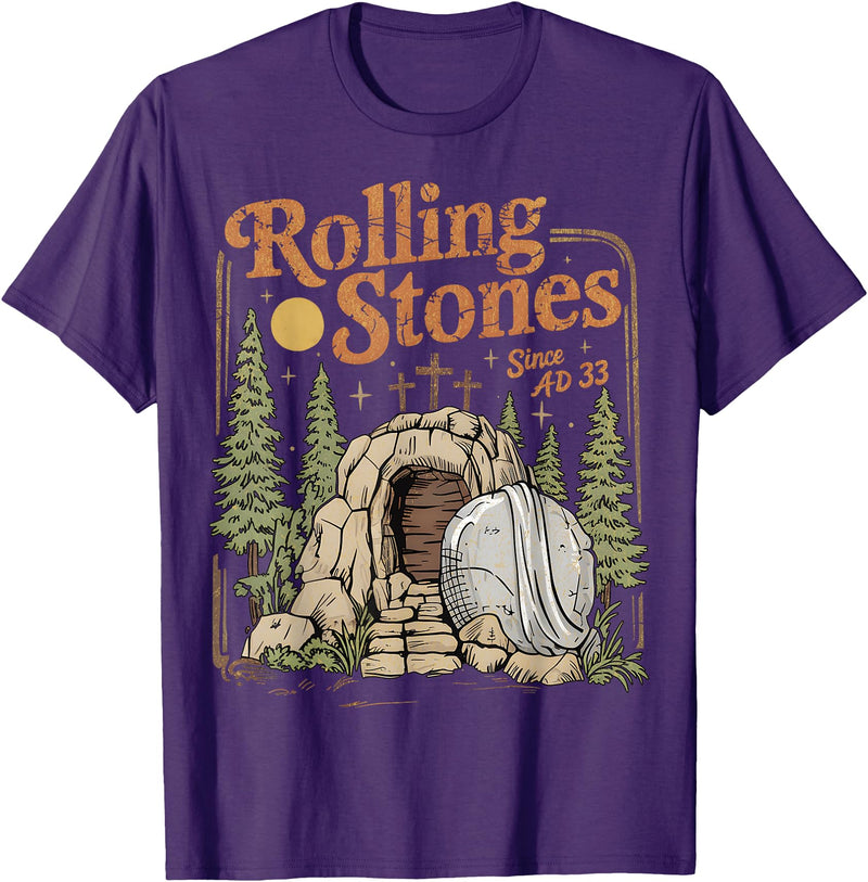 The Stone Was Rolled Away He Alive Retro Christian Easter T-Shirt in Purple