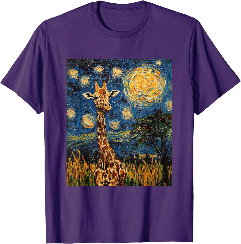 Giraffe Designs. Giraffe Africa Van Gogh Style Starry Night Cute Graphic T-Shirt - Purple