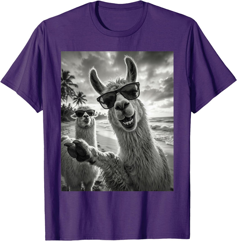 Funny Llama Stuff Accessories & Gifts Cool Llama Selfie At The Beach, Cute Llamas Alpaca T-Shirt - Purple