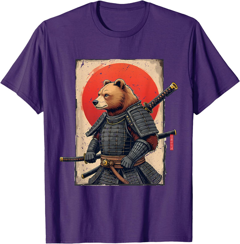 Japanese Samurai Bear Woodblock Art Samurai Brown Bear Ukiyo-e Ink Warrior Art Japanese Bear Art T-Shirt - Purple