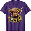 Cute Highland Cow and Coquette Bow Highland Cow with Sunflowers T-Shirt - Purple
