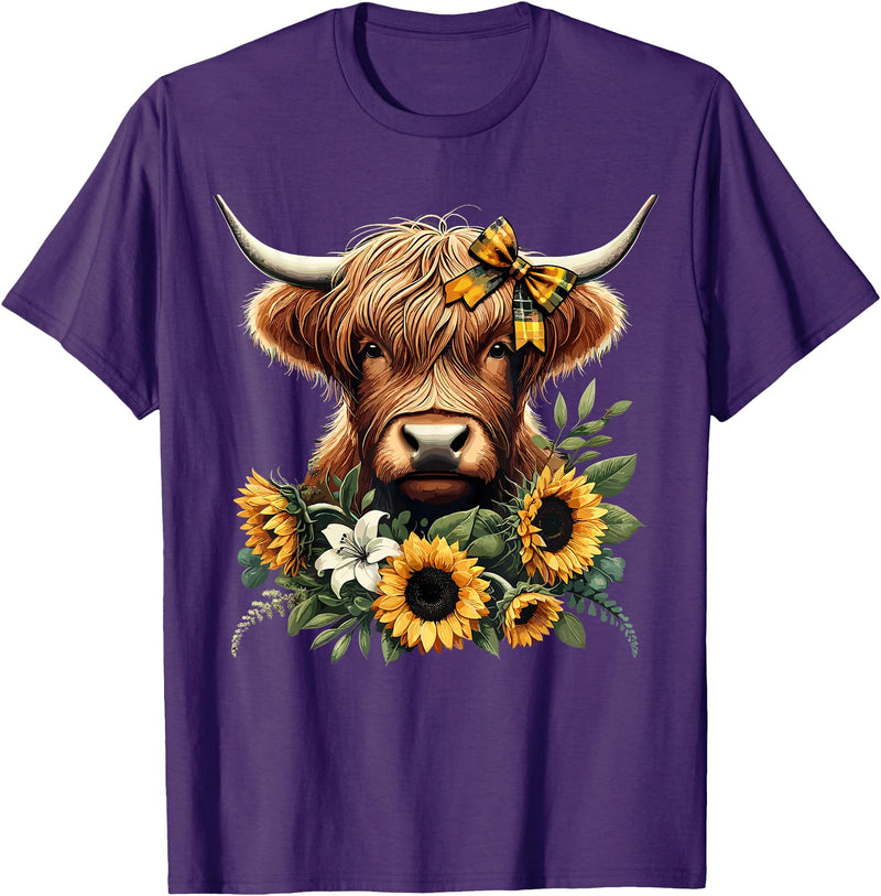 Cute Highland Cow and Coquette Bow Highland Cow with Sunflowers T-Shirt - Purple