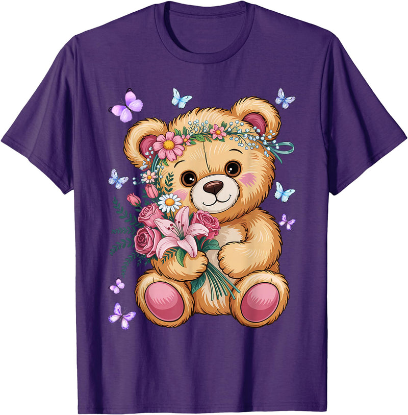 Bear Lover Gift Co. Cool Crowned Teddy Bear for Flowers Lovers T-Shirt - Purple