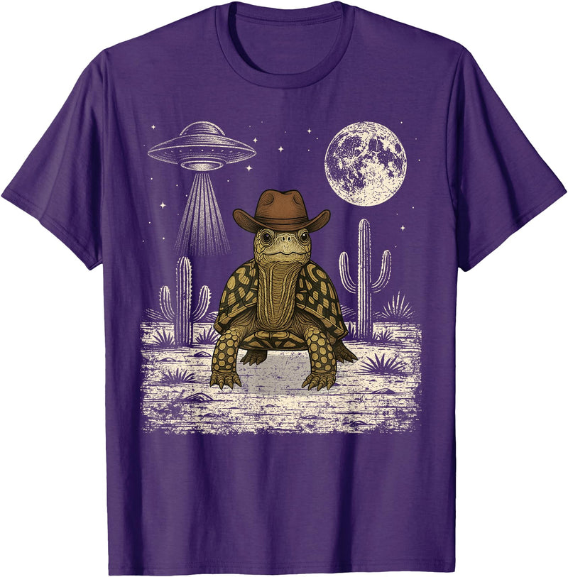 Retro Land Turtle Lover Halloween Moon Funny Eastern Box Turtle Cowboy Western UFO T-Shirt - Purple