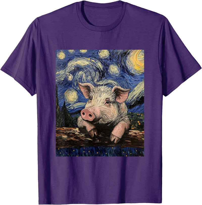 Cute Pigs Designs. Cute Pig Funny Van Gogh Style Starry Night Graphic T-Shirt - Purple