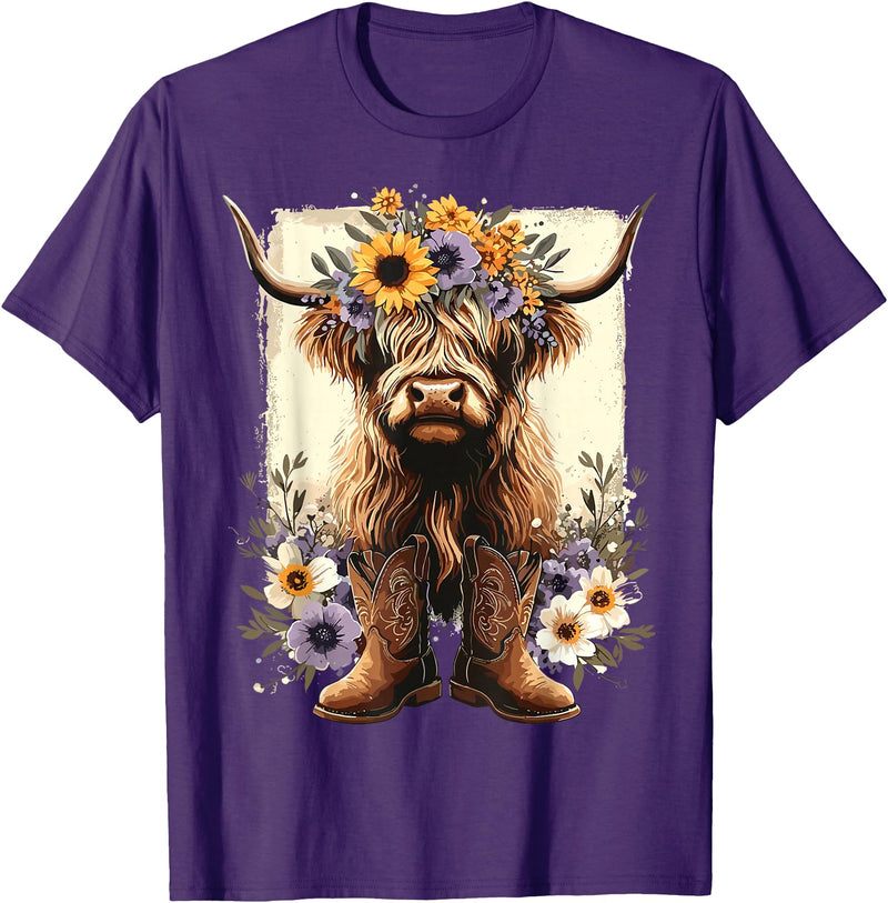 Funny Highland Cow lover Floral Highland Cow Cowboy Boots Western Country T-Shirt - Purple