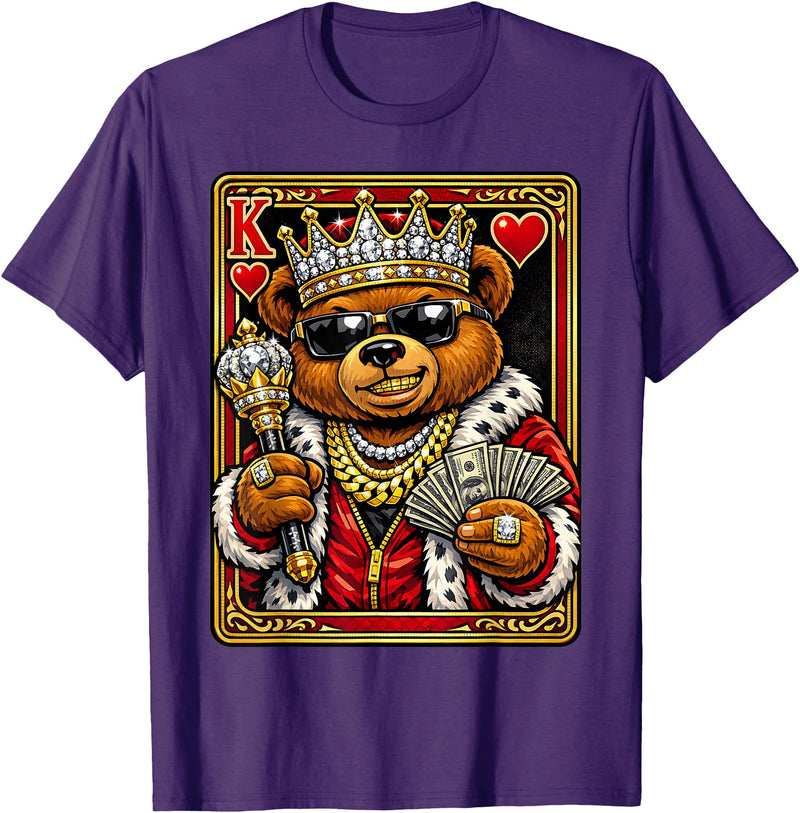 Teddy Bear King and Queen Matching Couples Designs King of Hearts Hip Hop Dripped Out Teddy Bear Hustle Money T-Shirt - Purple