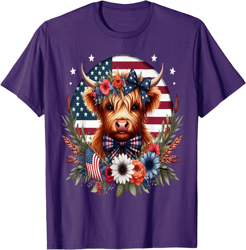 Funny July 4th Highland Cow Farm Lovers Gift Ideas Cute Highland Cow Florals 4th of July USA Flag Patriotic T-Shirt - Purple