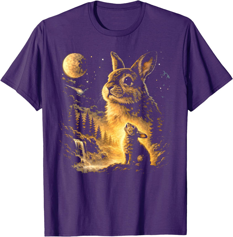 Bunny Howling to the Moon Vintage 90s Animal Easter Day T-Shirt (Black) in Purple