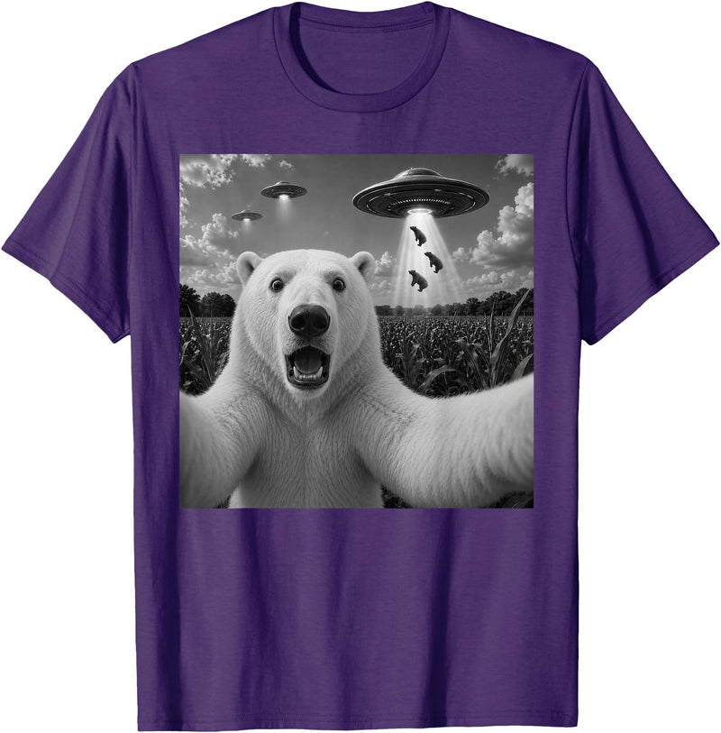 Retro Polar Bear Selfie with UFOs Meme Polar Bear Selfie with UFO Alien Funny T-Shirt - Purple
