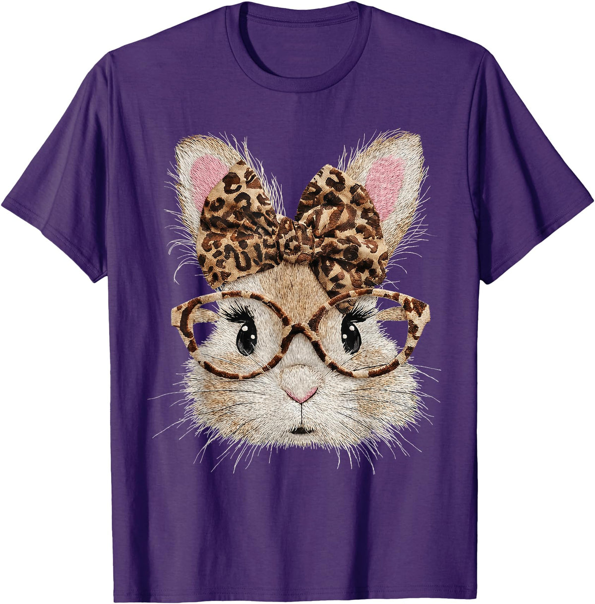 Cute Bunny Rabbit Face Leopard Coquette Bow Glasses Easter T-Shirt in Purple
