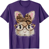 Cute Bunny Rabbit Face Leopard Coquette Bow Glasses Easter T-Shirt in Purple