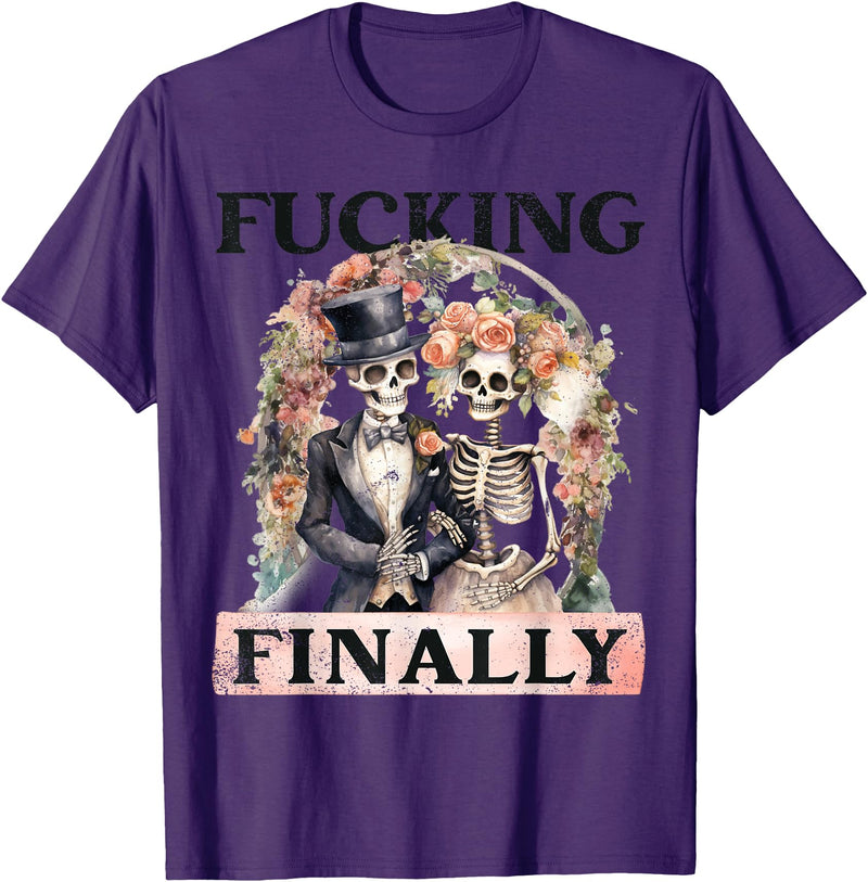 Skeleton Bachelorette Halloween Wedding Bride Babe Fucking Finally Bridesmaid Skeleton Bride Groom Halloween T-Shirt - Purple