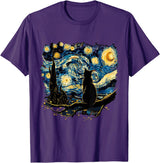 Cat Starry Night Van Gogh Cat T-Shirt for Cat Lovers, Women, Unisex, Black, Small, Short Sleeve, Classic Fit