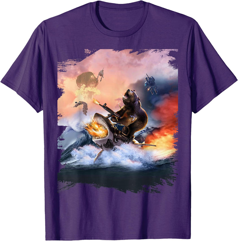 Random Galaxy Bear Riding Shark Funny T-Shirt - Purple