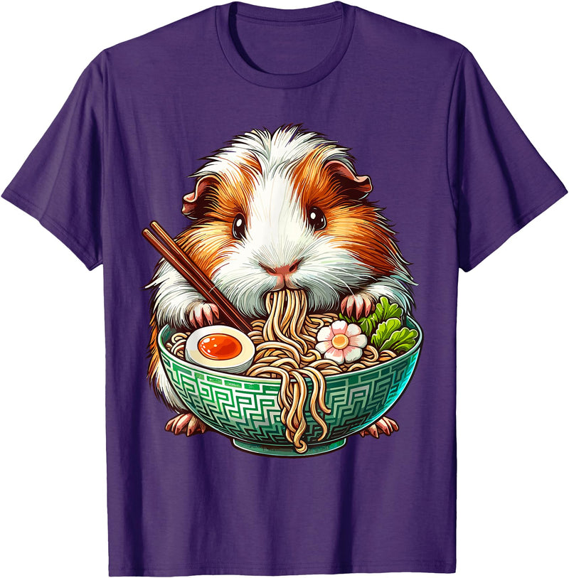 Cute Guinea Pig Gifts Guinea Pig Eating Ramen Japanese Noodles T-Shirt - Purple