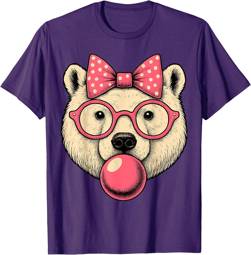 Magical and Funny Polar Bear Gifts Polar Bear with Bubblegum and Pink Bow T-Shirt - Purple