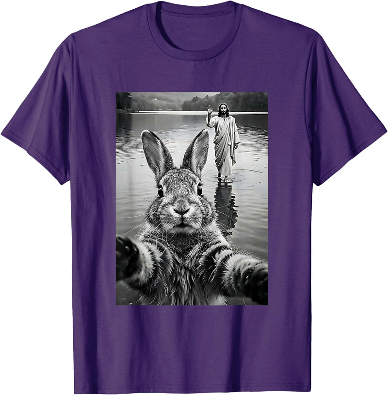 Funny Rabbit & Jesus Selfie, Easter, Religious, Christian T-Shirt in Purple