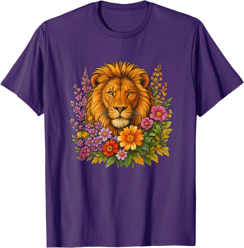 Cute and Funny Lions Graphic Designs. Lion Flower Floral Cute Men Women Kids T-Shirt - Purple