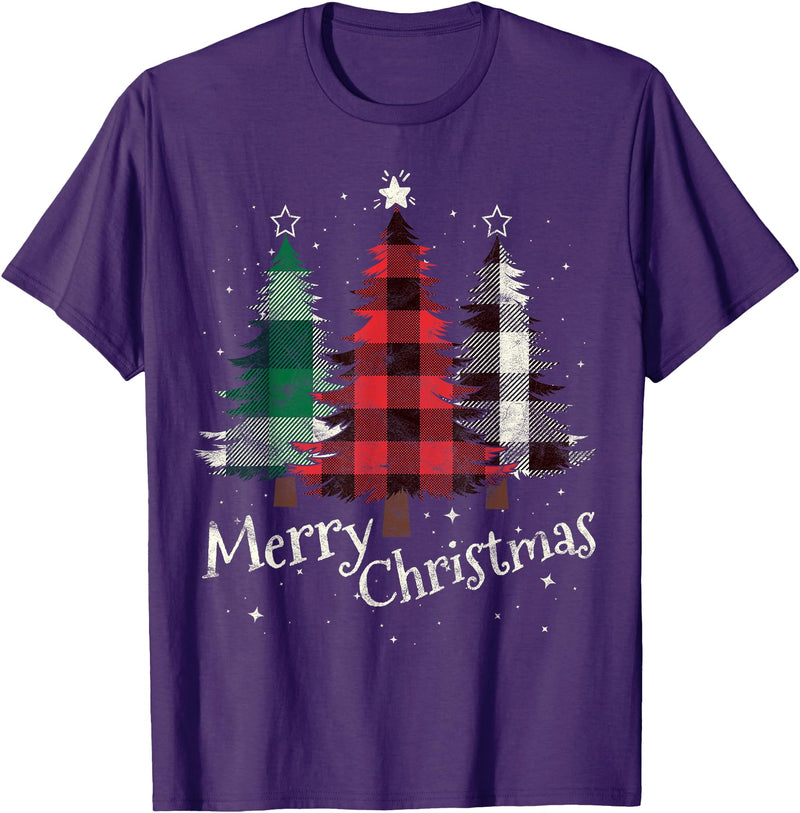 Merry Christmas Apparel Matching Family Clothes Merry Christmas Three Xmas Trees Buffalo Plaid Woman Gift T-Shirt - Purple
