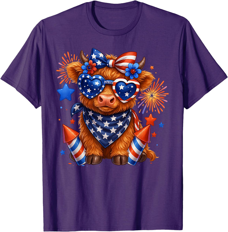 Cute Highland Cow 4th of July USA Flag Patriotic Cow Farmer T-Shirt - Purple