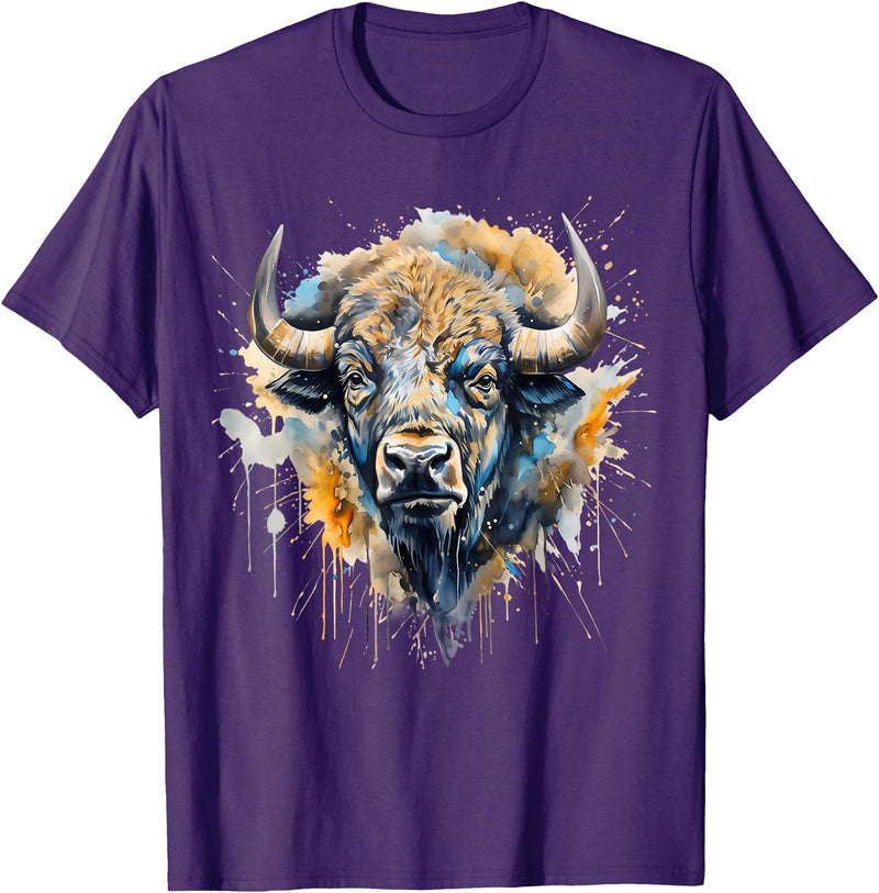 Safari Animal Art Buffalo Portrait Colorful Splash Artwork Wildlife Bison T-Shirt - Purple