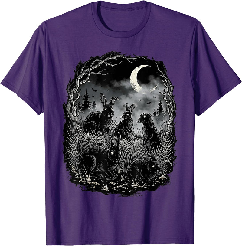 Midnight Woodland Rabbit Art Apparel Graphic Tees Creepy Black Rabbits Moonlit Forest Gothic Horror Halloween T-Shirt -