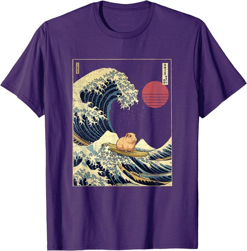 AxisNagawa Guinea Pig Kanagawa Wave Funny Surf Animal T-Shirt - Purple