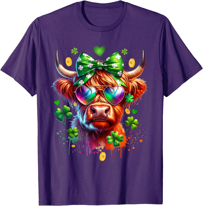 Funny St Paddy Highland Cow St Patricks Day Outfit Cute Highland Cow With Sunglasses St Patricks Day Funny T-Shirt - Purple
