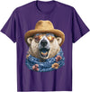 Whimsical Coastal Animals Beachgoers Cute Polar Bear with Sunglasses and Straw Hat Animal Summer T-Shirt - Purple