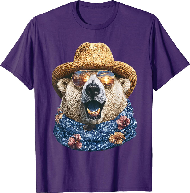 Whimsical Coastal Animals Beachgoers Cute Polar Bear with Sunglasses and Straw Hat Animal Summer T-Shirt - Purple