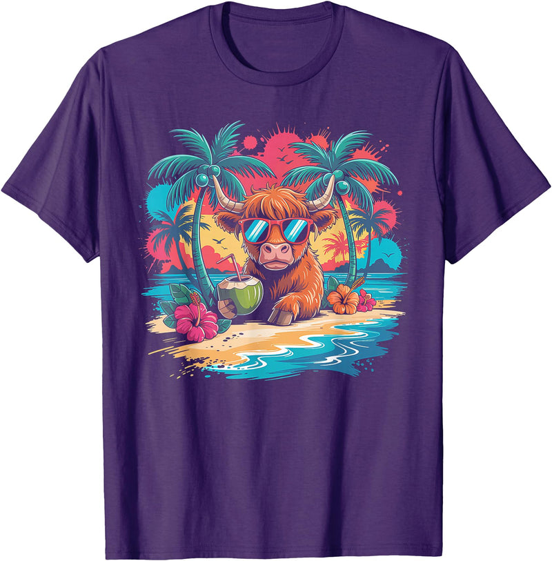 Summer Vibes Highland Cow Funny Beach Vacation Tee Tropical Highland Cow Summer Vibes Funny Beach T-Shirt - Purple