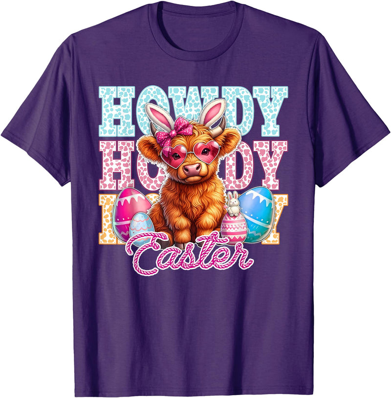 Highland Cow Easter Cute Western Farm Apparel Howdy Easter Cute Highland Cow Bunny Ears Western Easter T-Shirt - Purple