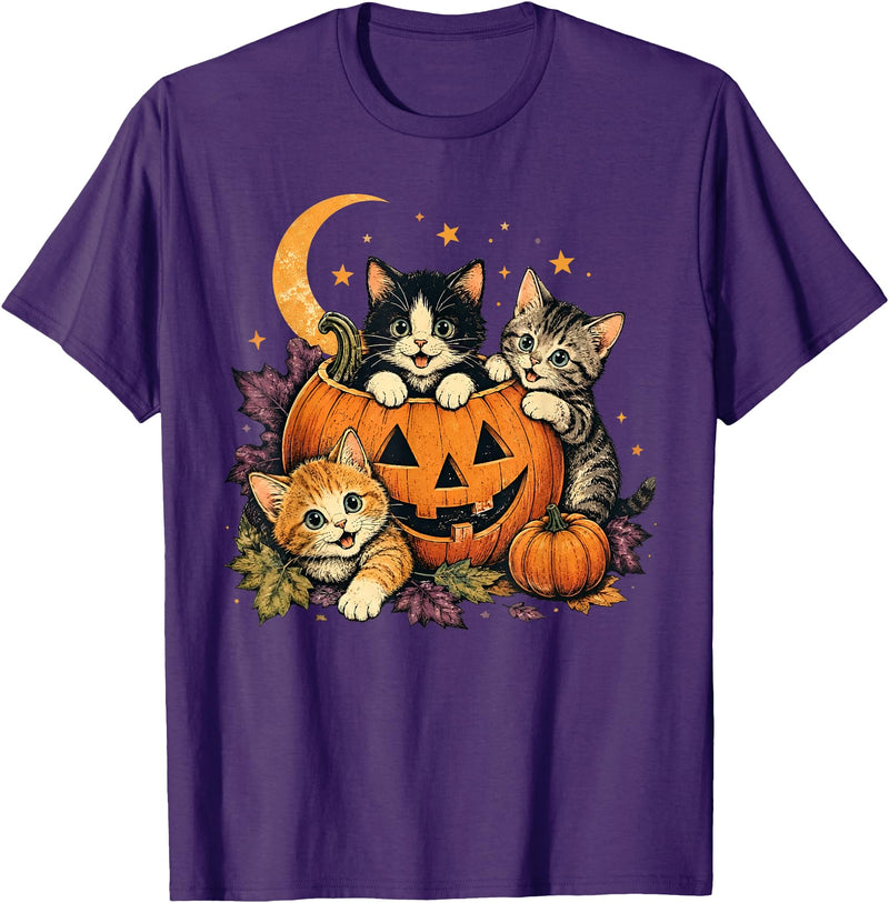 Cat Jack O Lantern Pumpkin Moon Stars Halloween Kitten Jack O Lantern Pumpkin Moon Stars Halloween Cat Lover T-Shirt - Purple