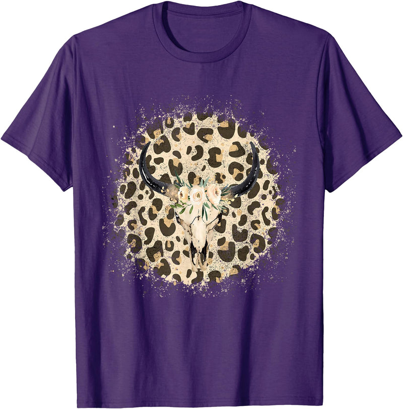 Funny Leopard Cow Skull designs Funny Leopard Cow Skull print Flower Rustic Turquoise T-Shirt - Purple