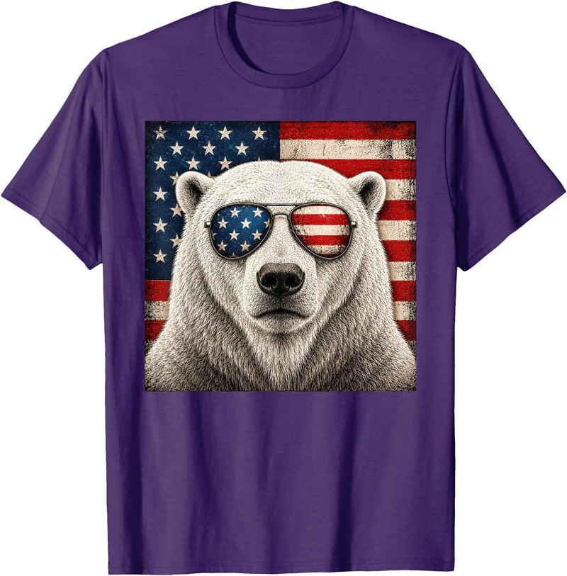 Retro Polar Bear USA Sunglasses July Fourth Polar Bear 4th of July US American Flag Patriotic T-Shirt - Purple