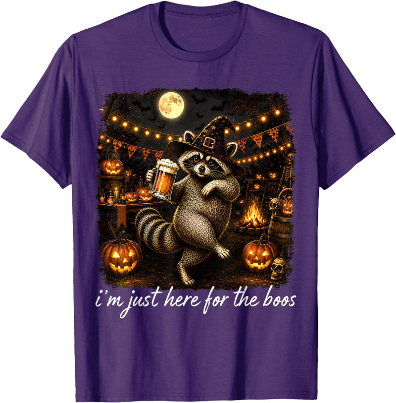 Halloween Tees Kids Women Men I'm Just Here for The Boos Funny Raccoon Pumpkin Halloween T-Shirt - Purple