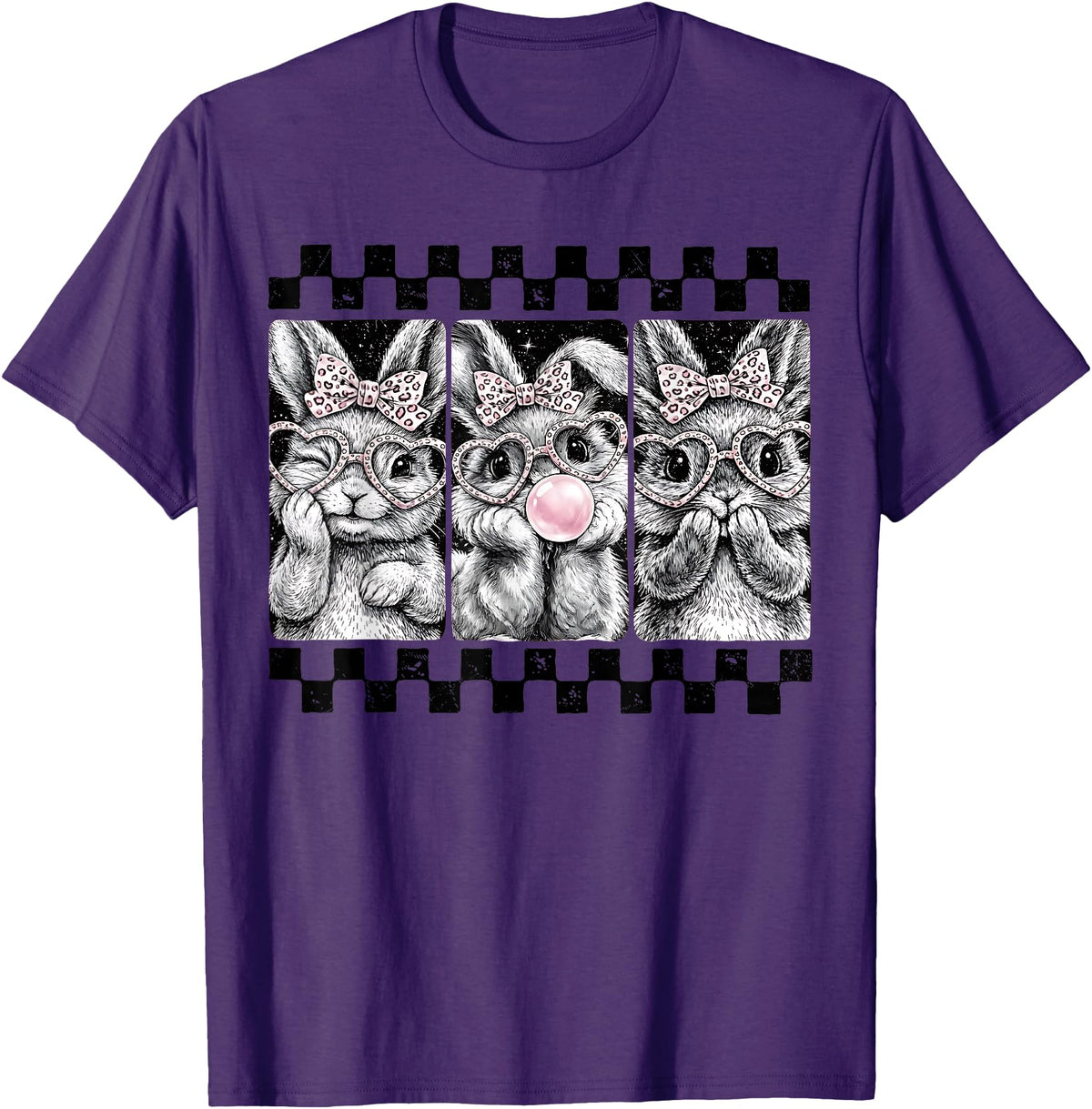 Leopard Bow Bunny Blowing Bubble Checkered Easter Day Girls T-Shirt in Purple