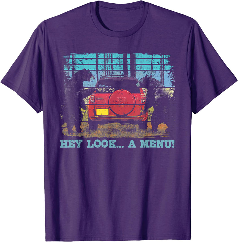 Funny Camping Lovers Gift Tee Hey Look A Menu Funny Bear Camping Retro Vintage Camper Car T-Shirt - Purple
