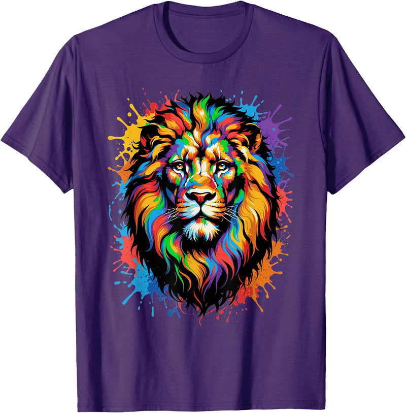 Colorful Lion Wildlife Lover Colorful Lion Face Paint Splash Art T-Shirt - Purple