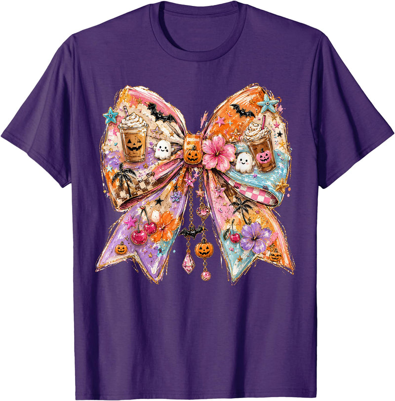 Summerween Tees NYC Summerween Bow Coquette Summer Halloween Ghosts Beach Coffee T-Shirt - Purple